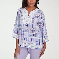 Alfred Dunner Crystal Springs Womens Split Crew Neck 3/4 Sleeve Blouse