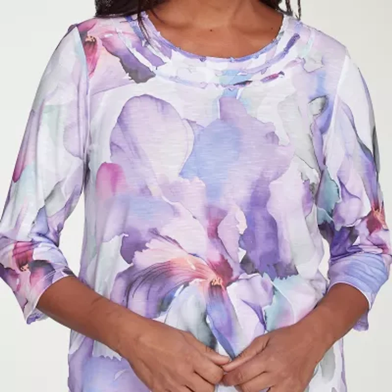 Alfred Dunner Crystal Springs Womens Crew Neck 3/4 Sleeve T-Shirt