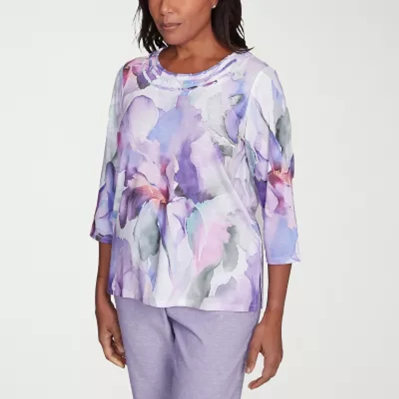 Alfred Dunner Crystal Springs Womens Crew Neck 3/4 Sleeve T-Shirt