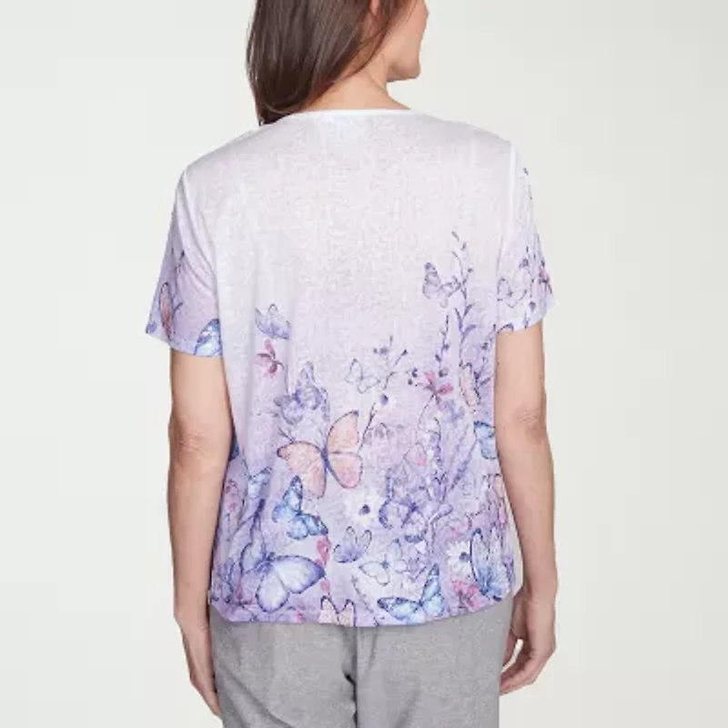 Alfred Dunner Crystal Springs Womens V Neck Short Sleeve T-Shirt