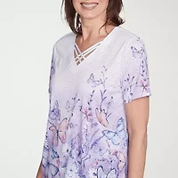 Alfred Dunner Crystal Springs Womens V Neck Short Sleeve T-Shirt