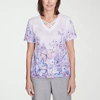 Alfred Dunner Crystal Springs Womens V Neck Short Sleeve T-Shirt