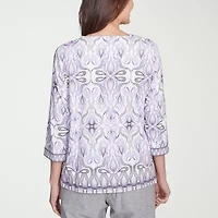 Alfred Dunner Crystal Springs Womens Square Neck 3/4 Sleeve T-Shirt