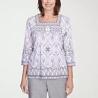 Alfred Dunner Crystal Springs Womens Square Neck 3/4 Sleeve T-Shirt