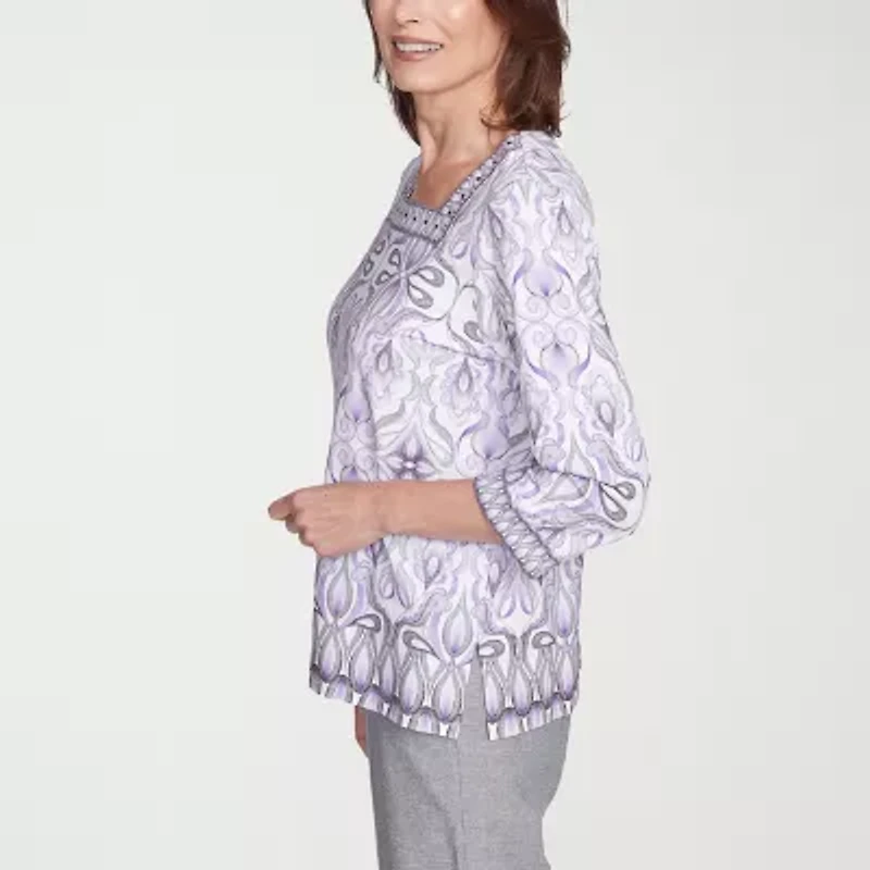 Alfred Dunner Crystal Springs Womens Square Neck 3/4 Sleeve T-Shirt