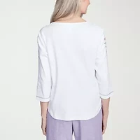 Alfred Dunner Crystal Springs Womens Crew Neck 3/4 Sleeve T-Shirt