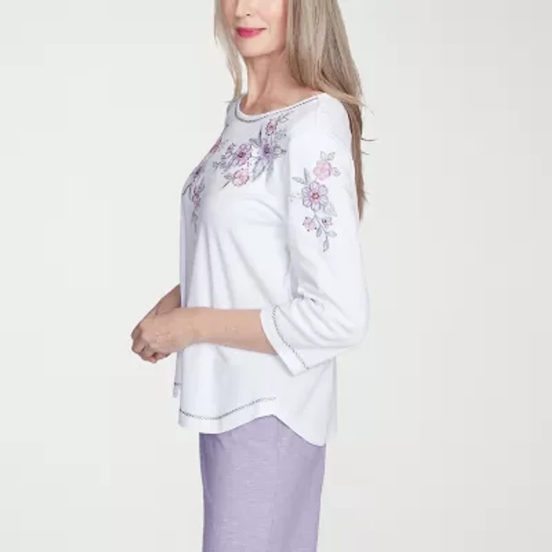 Alfred Dunner Crystal Springs Womens Crew Neck 3/4 Sleeve T-Shirt