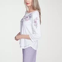 Alfred Dunner Crystal Springs Womens Crew Neck 3/4 Sleeve T-Shirt