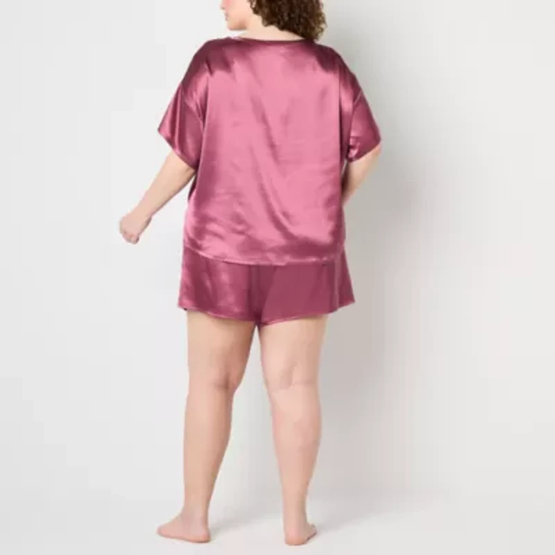Ambrielle Womens Satin Crew Neck Short Sleeve 2-pc. Plus Pajama Sets