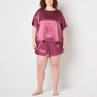 Ambrielle Womens Satin Crew Neck Short Sleeve 2-pc. Plus Pajama Sets