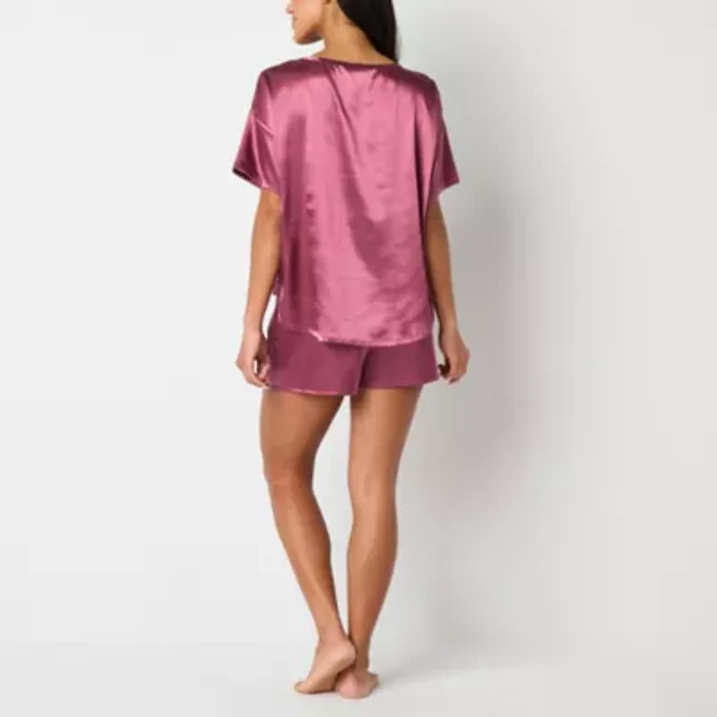 Ambrielle Womens Satin Crew Neck Short Sleeve 2-pc. Pajama Sets