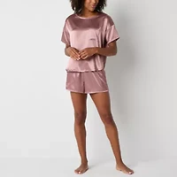 Ambrielle Womens Satin Crew Neck Short Sleeve 2-pc. Pajama Sets