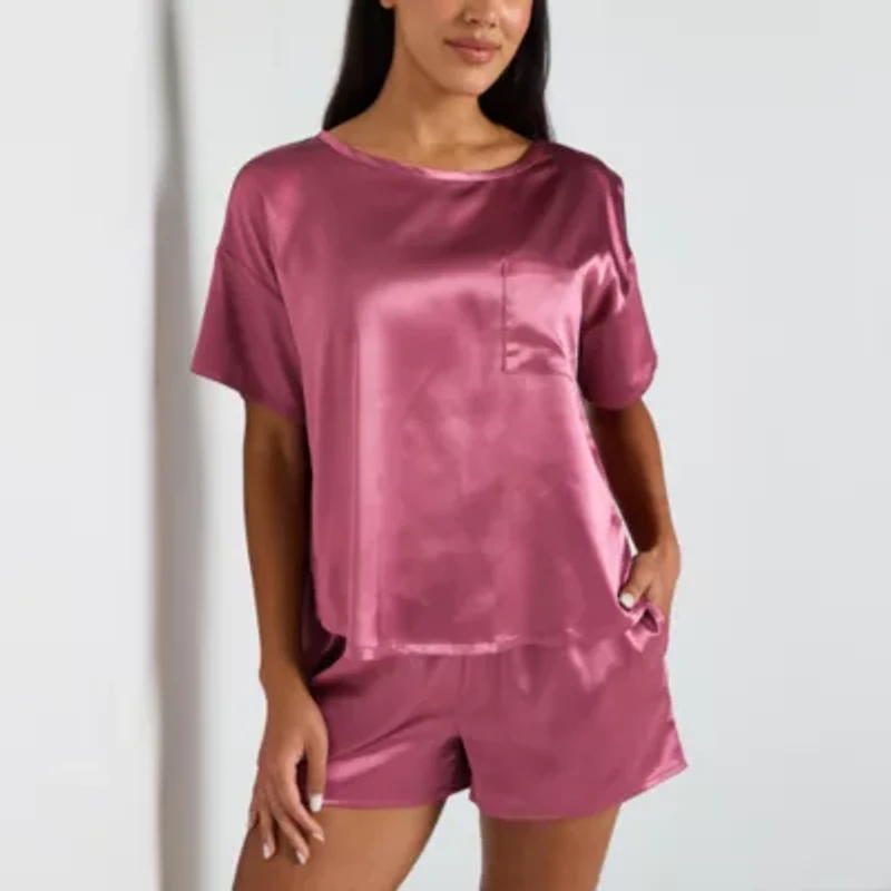 Ambrielle Womens Satin Crew Neck Short Sleeve 2-pc. Pajama Sets
