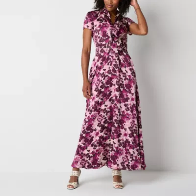 Melonie T Womens Short Sleeve Floral Maxi Dress
