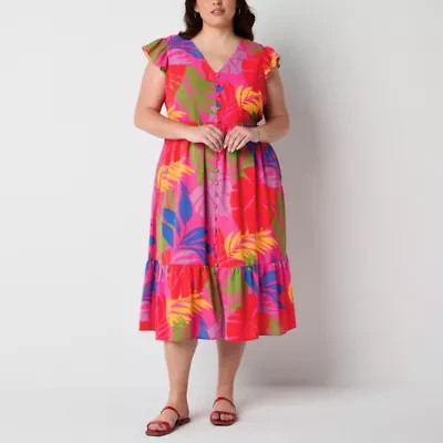 52seven Womens Short Sleeve Floral Midi Fit + Flare Dress Plus