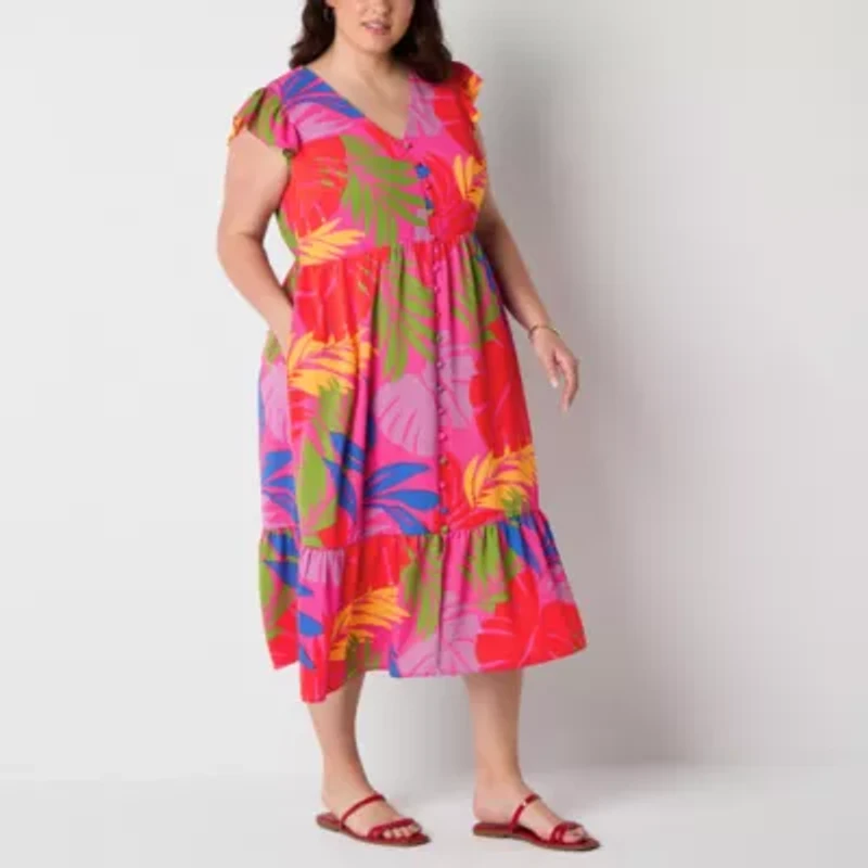 52seven Womens Short Sleeve Floral Midi Plus Fit + Flare Dress