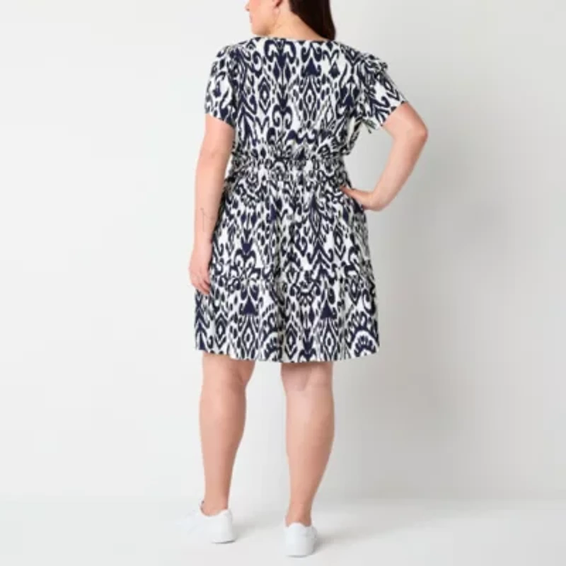 Be by CHETTA B Womens Short Sleeve Abstract Plus Fit + Flare Dress