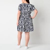 Be by CHETTA B Womens Short Sleeve Abstract Plus Fit + Flare Dress