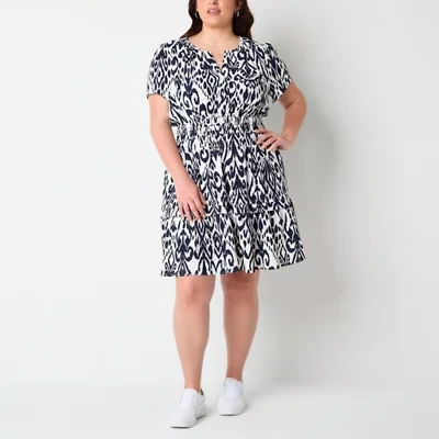 Be by CHETTA B Womens Short Sleeve Abstract Plus Fit + Flare Dress