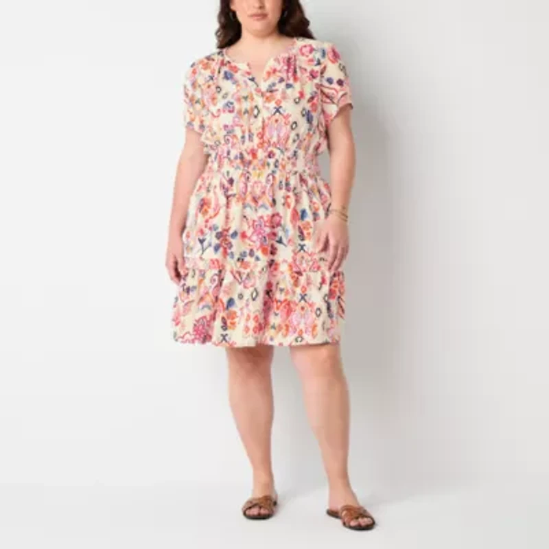 Be by CHETTA B Womens Short Sleeve Abstract Plus Fit + Flare Dress