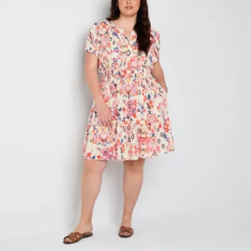 Be by CHETTA B Womens Short Sleeve Abstract Plus Fit + Flare Dress
