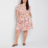 Be by CHETTA B Womens Short Sleeve Abstract Plus Fit + Flare Dress