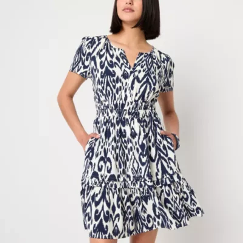 Be by CHETTA B Womens Short Sleeve Abstract Fit + Flare Dress