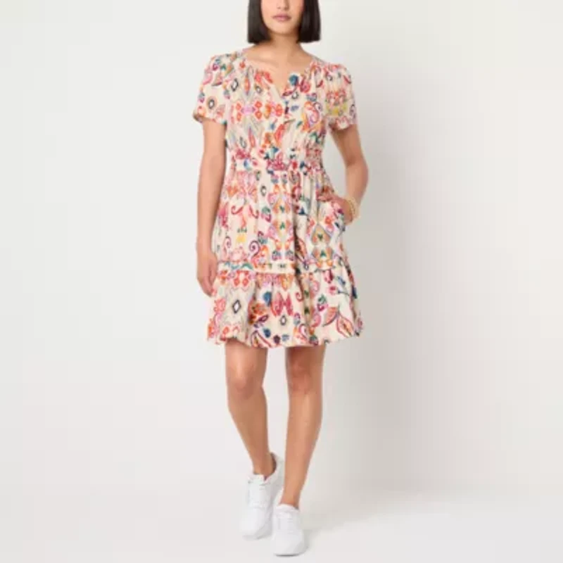 Be by CHETTA B Womens Short Sleeve Abstract Fit + Flare Dress