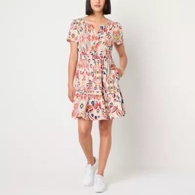 Be by CHETTA B Womens Short Sleeve Abstract Fit + Flare Dress