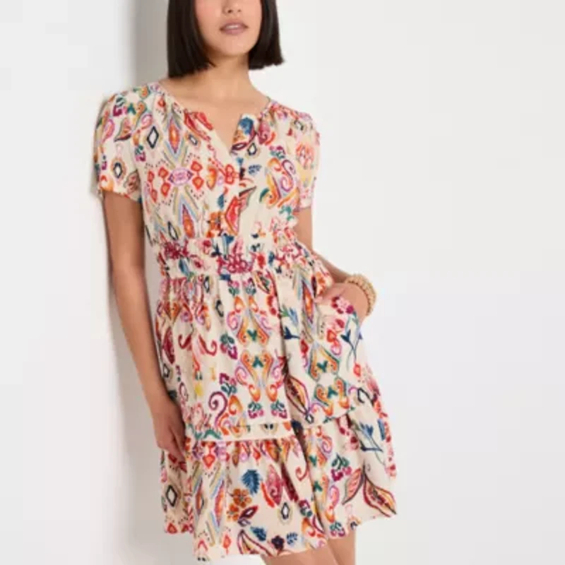 Be by CHETTA B Womens Short Sleeve Abstract Fit + Flare Dress