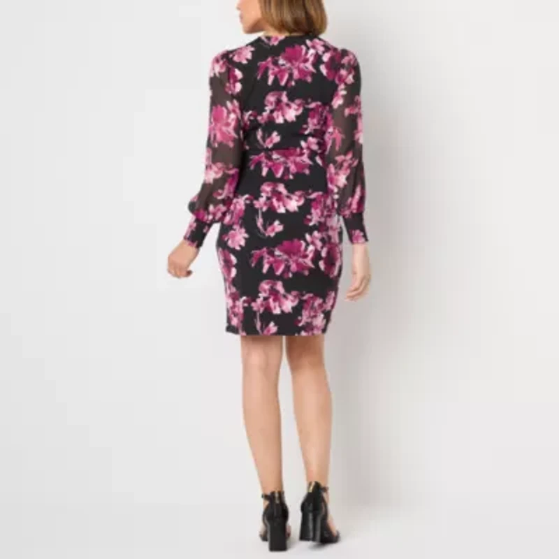 Black Label by Evan-Picone Womens Long Sleeve Floral Sheath Dress