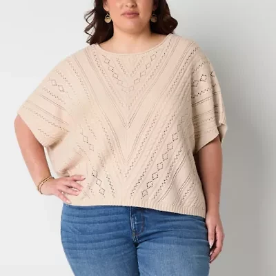 Frye and Co. Plus Pointelle Womens Crew Neck Short Sleeve Pullover Sweater