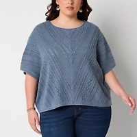 Frye and Co. Plus Pointelle Womens Crew Neck Short Sleeve Pullover Sweater