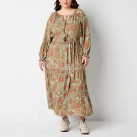 Frye and Co. Womens Plus Long Sleeve Floral Maxi Dress