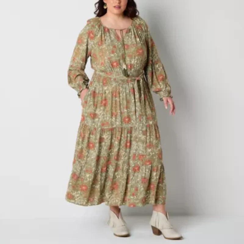 Frye and Co. Womens Plus Long Sleeve Floral Maxi Dress