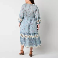 Frye and Co. Womens 3/4 Sleeve Floral Midi Plus Fit + Flare Dress