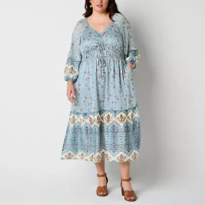 Frye and Co. Womens 3/4 Sleeve Floral Midi Plus Fit + Flare Dress