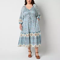 Frye and Co. Womens 3/4 Sleeve Floral Midi Plus Fit + Flare Dress