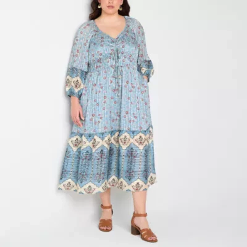 Frye and Co. Womens 3/4 Sleeve Floral Midi Plus Fit + Flare Dress