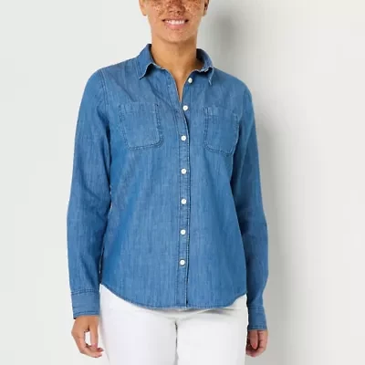 St. John's Bay Womens Long Sleeve Regular Fit Button-Down Shirt