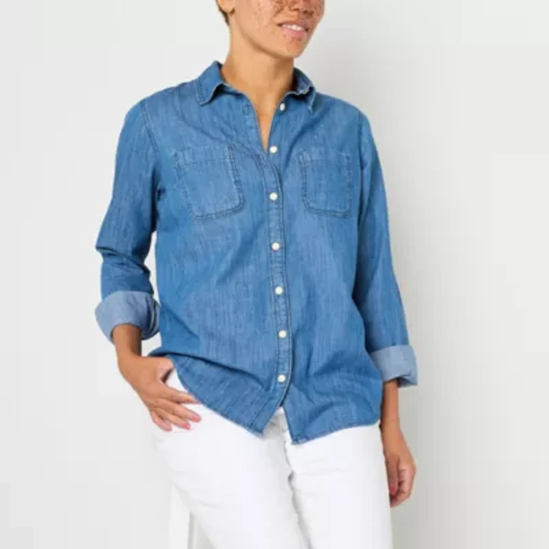 St. John's Bay Womens Long Sleeve Regular Fit Button-Down Shirt