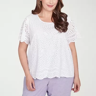 Alfred Dunner Crystal Springs Womens Crew Neck Short Sleeve Plus Blouse