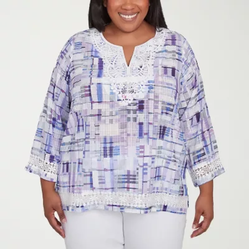 Alfred Dunner Crystal Springs Womens Split Crew Neck 3/4 Sleeve Plus Blouse