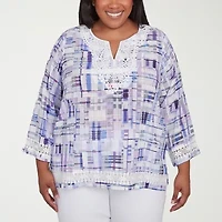 Alfred Dunner Crystal Springs Womens Split Crew Neck 3/4 Sleeve Plus Blouse