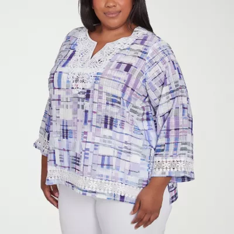 Alfred Dunner Crystal Springs Womens Split Crew Neck 3/4 Sleeve Plus Blouse