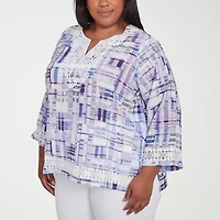 Alfred Dunner Crystal Springs Womens Split Crew Neck 3/4 Sleeve Plus Blouse