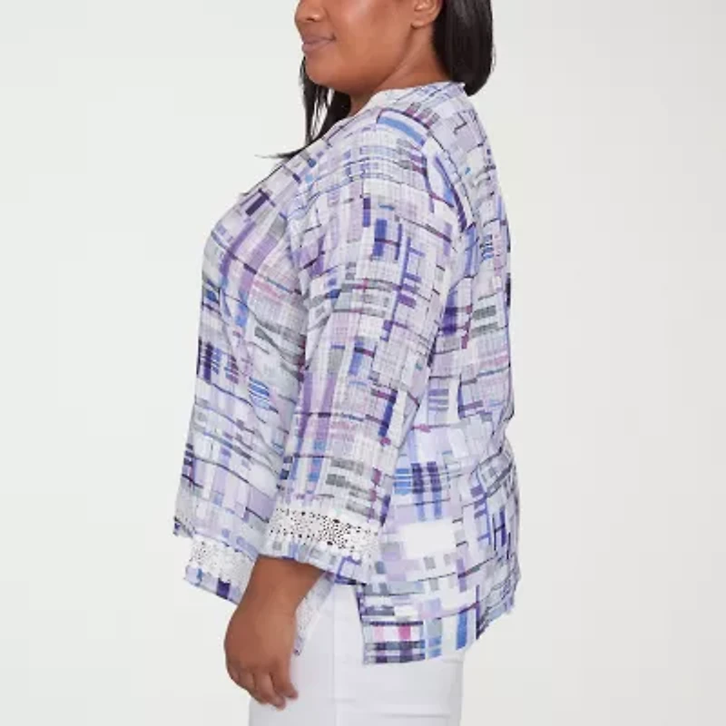 Alfred Dunner Crystal Springs Womens Split Crew Neck 3/4 Sleeve Plus Blouse