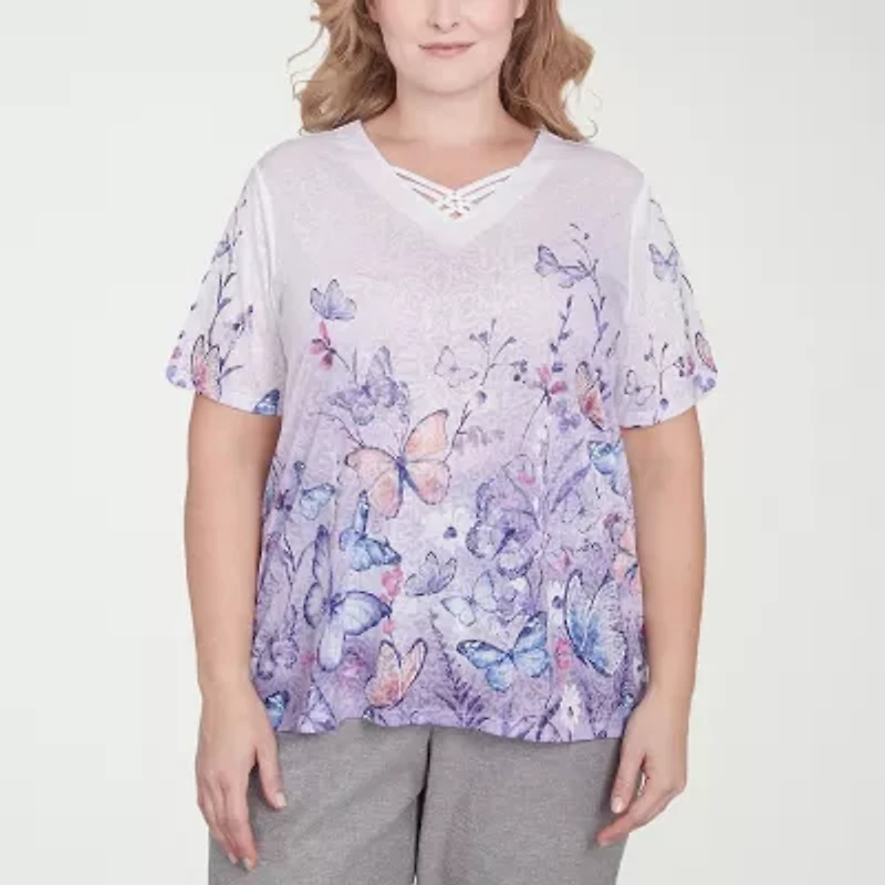 Alfred Dunner Crystal Springs Womens V Neck Short Sleeve Plus T-Shirt