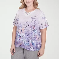 Alfred Dunner Crystal Springs Womens V Neck Short Sleeve Plus T-Shirt