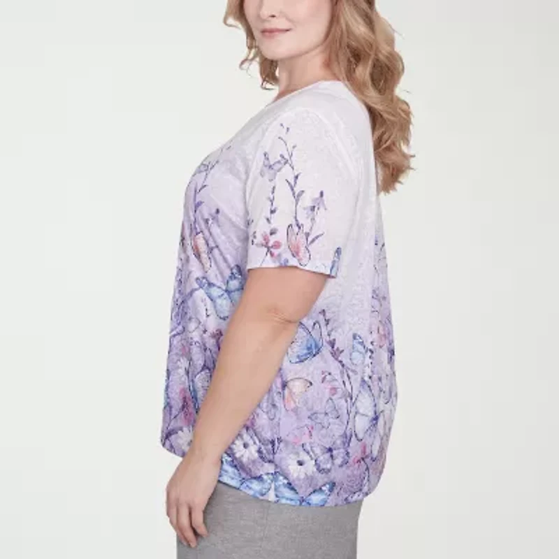 Alfred Dunner Crystal Springs Womens V Neck Short Sleeve Plus T-Shirt